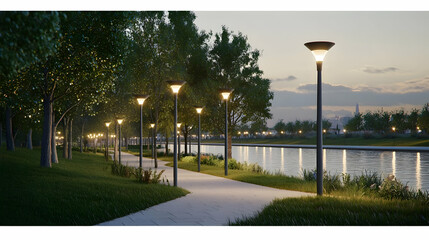 Tranquil park path, illuminated by modern lamp posts, alongside a calm river at dusk. Lush greenery, manicured pathway