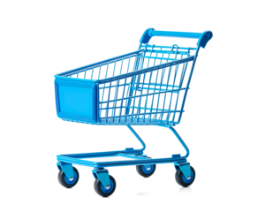  Colorful shopping cart in blue for retail and supermarket use  on a transparent background