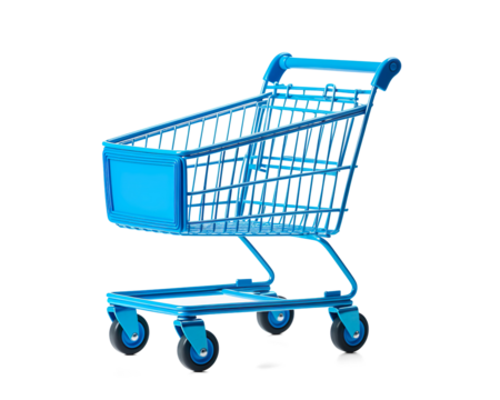  Colorful shopping cart in blue for retail and supermarket use  on a transparent background