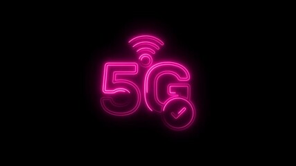Glowing pink neon 5g symbol animation on black background wireless technology