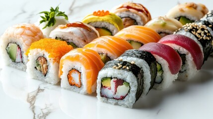 Assorted sushi rolls on white marbled backdrop with vibrant colors
