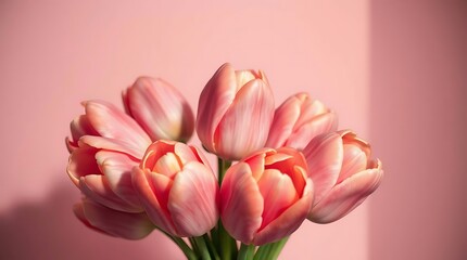 Fototapeta premium Bouquet Of Light Pink Tulips Is Presented Against A Plain Pink Background, Floral Beauty, Springtime Blossoms
