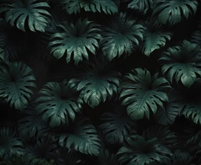 Fototapeta premium Deep emerald leaves, shadowy black backdrop Dramatic tropical foliage pattern , nature, emerald, darkness