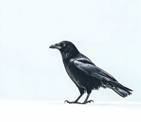 Raven Standing Calmly Against a Bright White Background