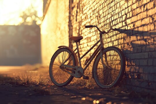 Vintage bicycle leaning against a weathered brick wall, bathed in the soft glow of evening light.