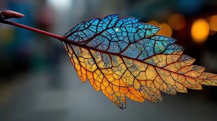 A close-up photograph captures the delicate veins and vibrant colors of a single autumn leaf.