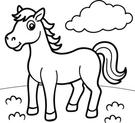 Fototapeta premium Cartoon Horse Illustration: A friendly, smiling horse depicted in a line drawing, standing on grassy ground under a playful cloud, creating a simple yet charming visual.
