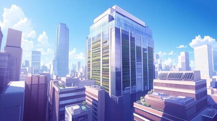 Obraz premium Futuristic cityscape panorama with pixelated buildings and clear blue sky ideal for digital background design and modern urban concepts