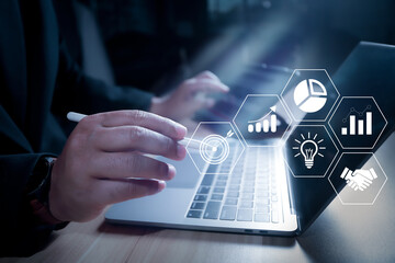 Businessman presenting a virtual growth chart and target icon, symbolizing business goal setting, strategic planning, and successful business development through focused achievement and management.