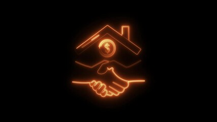Glowing real estate investment deal handshake animation on black background