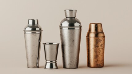 cocktail shaker vintage concept Four distinct cocktail shakers in various metallic finishes arranged against a neutral background.