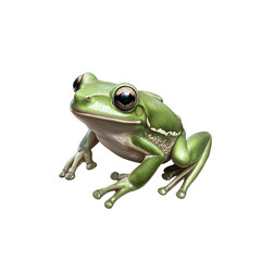 Obraz premium realistic green frog with large eyes sits on surface, showcasing its smooth skin and distinct features. This amphibian exudes playful charm, making it engaging subject for nature enthusiasts
