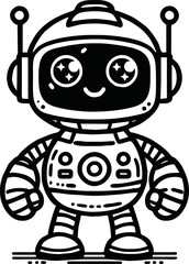black and white line art vector cartoon  friendly robot isolated for coloring page.A robot cartoon cute fun alien mascot character man illustrations