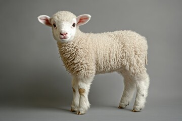 Fototapeta premium Fluffy white lamb stands on a grey backdrop, looking at the camera. Use it for spring, Easter, or a heartwarming, animal-related project.