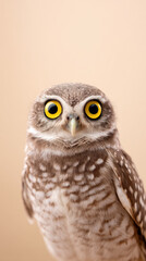 Obraz premium An owl with large yellow eyes looks utterly shocked, staring directly at the viewer against a soft, light background, showcasing its unique plumage and expressive features