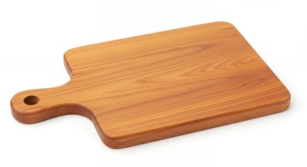 Wooden cutting board with handle on white background