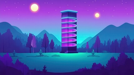 Fototapeta premium Pixelated future landscape with glowing tower and starscape evokes fantasy with retro digital art for modern design project use