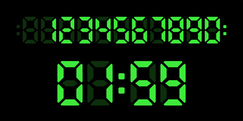 Digital clocks. Electronic numbers display. Green digits isolated on black background. Electronic watch, alarm timer, countdown. Realistic vector illustrations set. © backup16