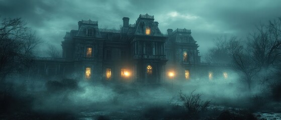 Fototapeta premium Gloomy victorian mansion stands decaying shrouded in dense fog, conveying unsettling atmosphere of mystery, abandonment, and potential haunting.