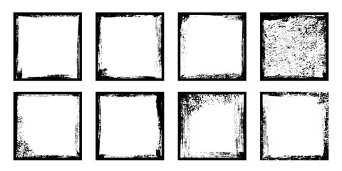 Black frames with worn paper effect on white background. Textured squares with old, grunge, grainy, vintage, worn, dust effect. Simple object mockup. Realistic vector illustrations set.