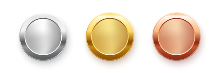 Gold, silver and bronze circle frames. First, second, third place medals isolated on white background. Blank metal ring, button, stamp, emblem, sticker, label. Abstract vector illustrations set.