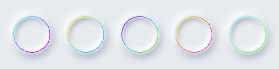 Round color frames with illuminated neon borders on white background. Glowing white circle frames with color lines. Modern abstract futuristic geometric vector illustration set in soft pastel tones.