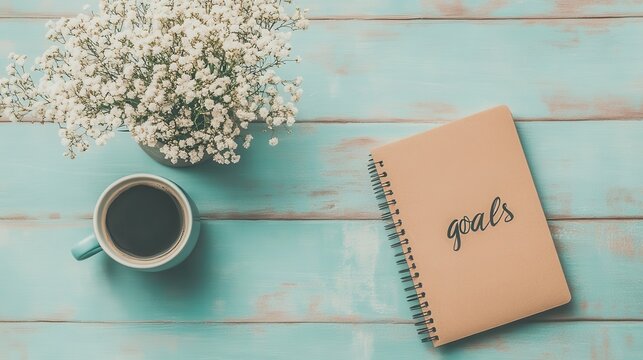 Flat-lay of a woman's workspace featuring a coffee mug, notebook, and fresh flowers on a turquoise table. National Old Maids Day - Powered by Adobe