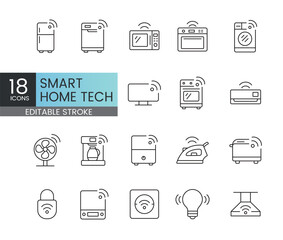 Editable stroke pack of smart home tech icons including robot vacuum smart fridge thermostat purifier and more connected appliances controlled via Wi-Fi apps and automation