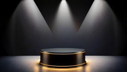 Generative Ai ، Display platform Golden Light neon on black background studio with.