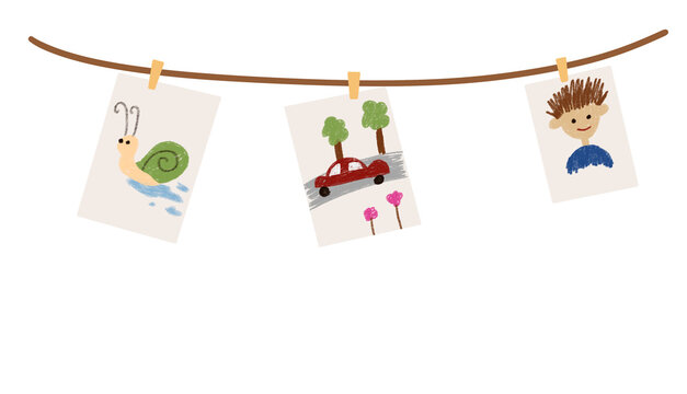 Illustration of a child's drawing hanging with clothespins on a rope