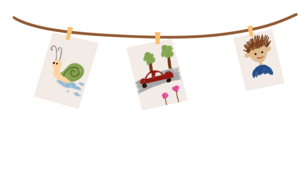 Illustration of a child's drawing hanging with clothespins on a rope - Powered by Adobe