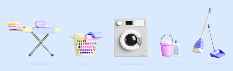 Laundry room equipment set isolated on blue background. Render realistic icon of washing machine, dirty clothes in basket, iron board, detergent bottle, foam bucket, broom and dustpan. 3D illustration
