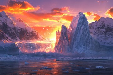 Naklejka premium A majestic glacial landscape bathed in the warm glow of a vibrant sunset, reflecting on the water's surface and illuminating snow-capped mountains.