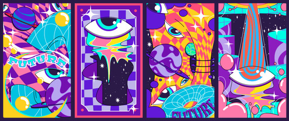 Psychedelic retro posters set with abstract shapes. Vector illustration of bright color futuristic banners with eye, planets in space, geometric wireframe elements, surreal background, y2k aesthetic
