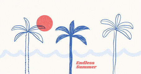 Endless Summer Minimalist Palm Trees with Sun – Hand Drawn Beach Vector Art