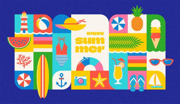 Enjoy Summer - Colorful Geometric Vector Banner with Beach Elements and Holiday Icons
