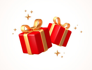 Red 3d Gift Boxes with Golden Ribbon and bow&ndash; Festive Vector Illustration with Sparkles