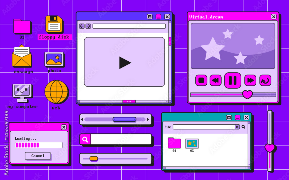 Poster retro user interface collection - colorful neon graphic elements screen windows, buttons, sliders an