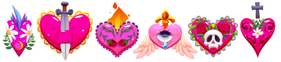 Mexican sacred hearts set - decorative love symbols ornate flowers, crossed daggers, flaming fire, skull and eye. Cartoon romantic spiritual emblems, traditional tattoo design elements collection.