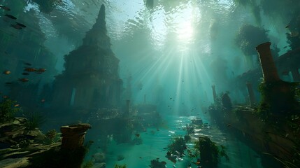 Obraz premium An underwater city reborn through sunlight and nature’s reclaiming beauty.