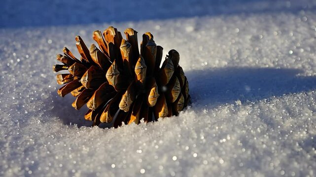Pine cone is sitting in the snow. The pine cone is brown and has a cone shape. The snow is white and covers the ground. The image has a peaceful and serene mood