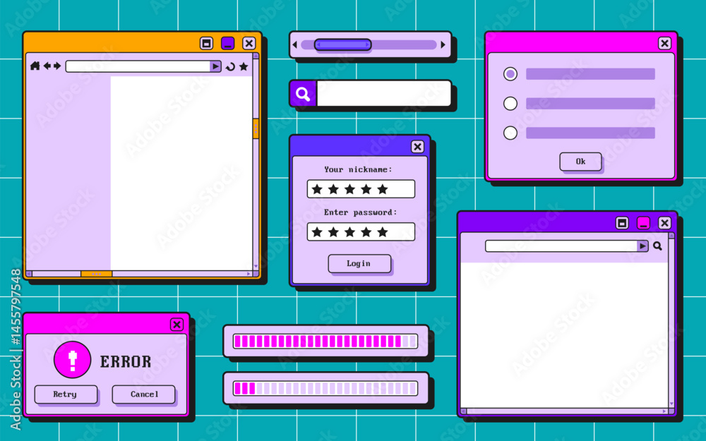 Poster retro user interface set - stylized windows, login boxes, search bar, loading progress indicator. br