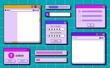 Retro user interface set - stylized windows, login boxes, search bar, loading progress indicator. Bright colors 90s vintage gui elements - error message, popup menu, buttons for web, game menu design.