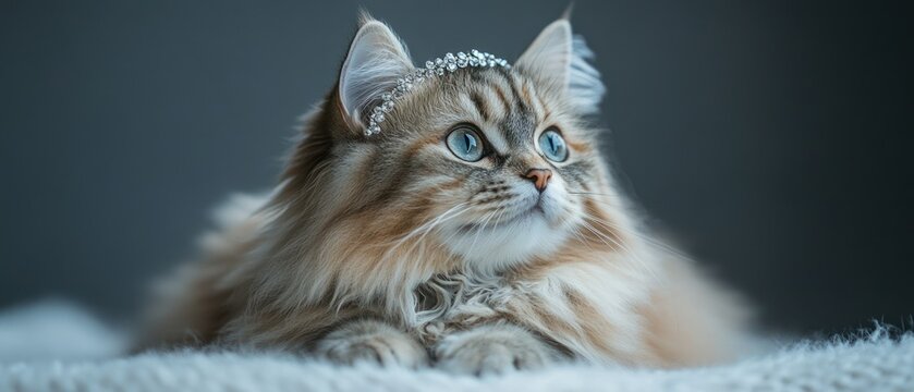 Longhaired cat, adorned in tiara, gazes upwards, exuding regal charm.