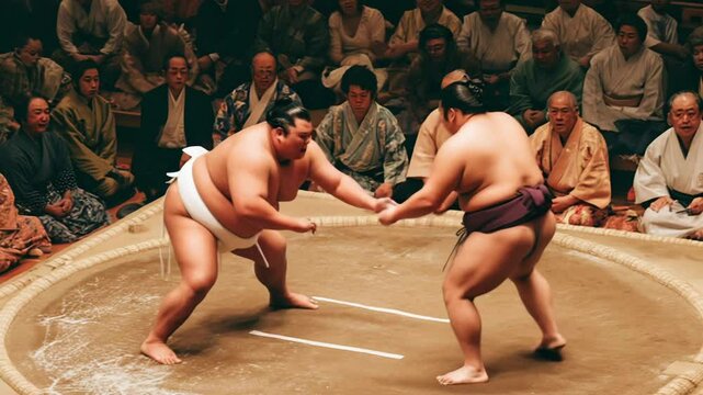 Sumo wrestlers fighting 