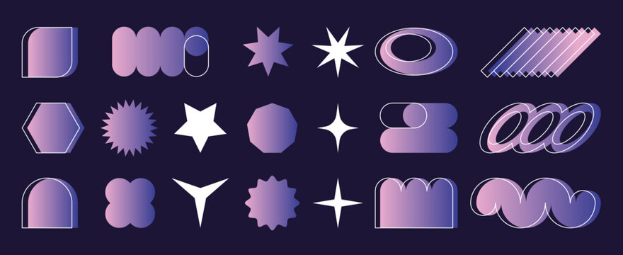 Y2k shape gradient icons collection - purple pink geometric shapes, bursting stars, stencil frames, flowing liquid abstract forms. Vaporwave aesthetic graphic design elements, trendy retro 90s style.
