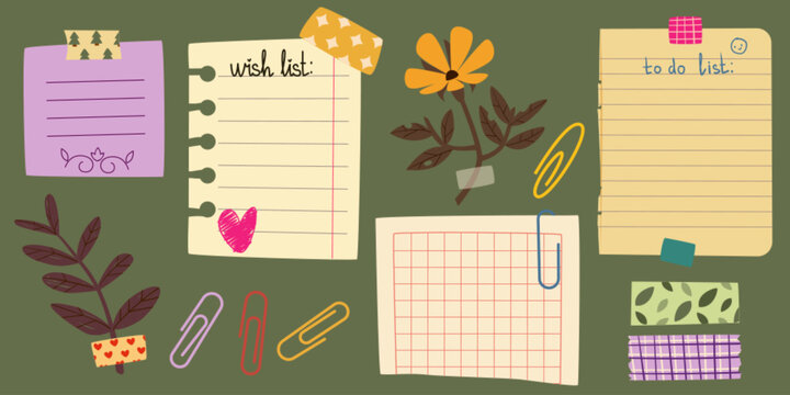 Notebook paper notes and flowers on green planner board background. Vector cartoon illustration of blank memo pages for message, wish or to-do list attached with creative stickers, color paperclips