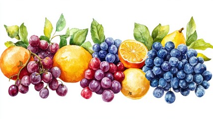 Colorful fruit arrangement in a watercolor style.