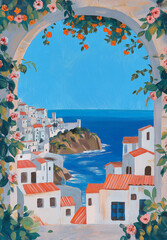 illustration of Mediterranean coastal village viewed through a blooming archway, with white houses and red roofs overlooking the deep blue sea, digital painting in sunny vibrant style