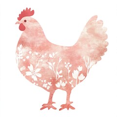 Watercolor Hen Silhouette with Delicate Floral Design, Soft Pink Hues and White Flowers